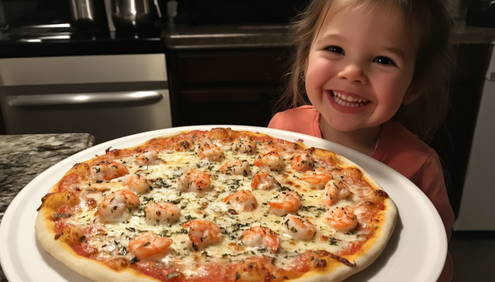 A smiling young girl holding a plate with a freshly baked seafood pizza topped with shrimp and herbs in a kitchen setting.