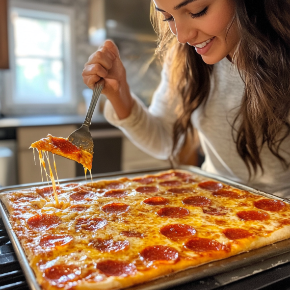 A woman smiling as she lifts a slice of freshly baked pepperoni pizza from a baking sheet, with melted cheese stretching from the slice.