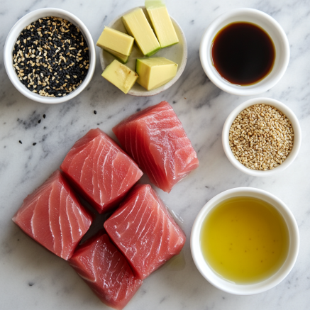 Fresh tuna cubes, avocado pieces, sesame seeds, soy sauce, and olive oil arranged neatly on a marble surface.