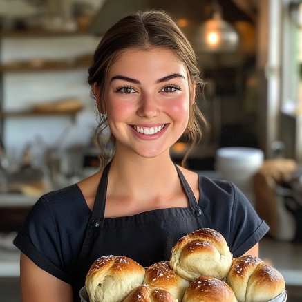 Smiling baker holding a tray of freshly baked Bubba's Dinner Rolls, showcasing their golden, fluffy texture.