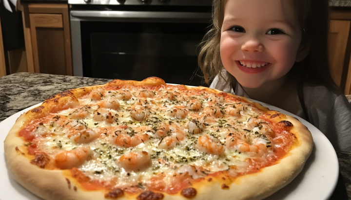 A smiling young girl showcasing a freshly baked seafood pizza topped with shrimp, melted cheese, and herbs on a white plate.