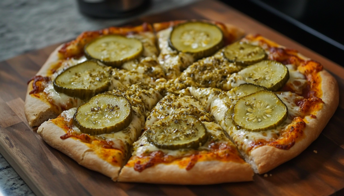 A sliced pickle pie pizza topped with dill pickle slices, melted cheese, and herbs, served on a wooden cutting board.