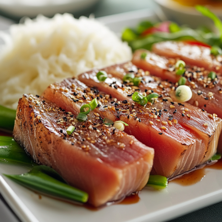 Slices of seared tuna garnished with sesame seeds and green onions, served with rice and fresh vegetables on a white plate.