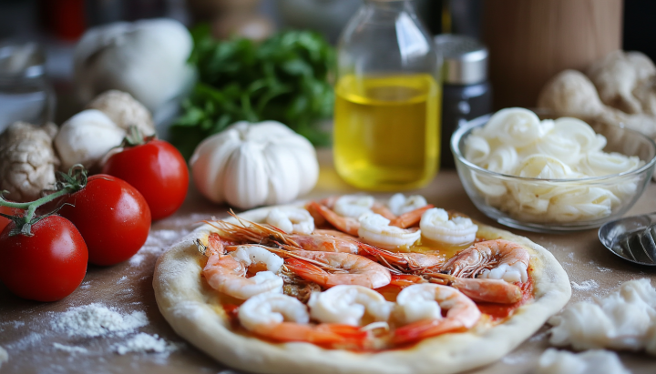 A seafood pizza in preparation with shrimp on a raw pizza base surrounded by fresh ingredients like tomatoes, garlic, basil, olive oil, and mushrooms.