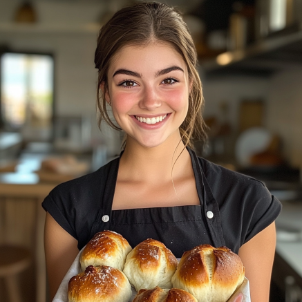 Smiling baker in a cozy kitchen holding a tray of golden, freshly baked Bubba's Dinner Rolls.