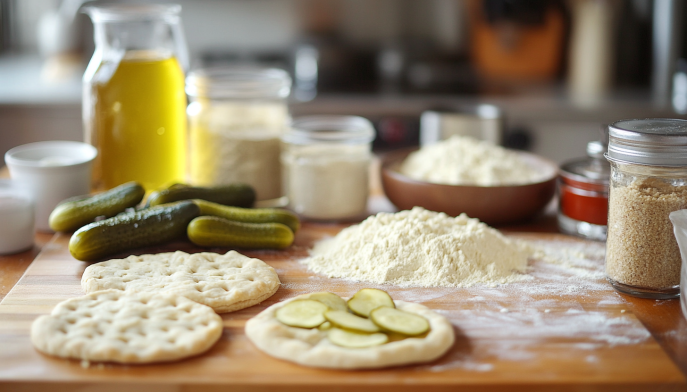 Ingredients for pickle pie pizza displayed on a wooden countertop, including dough rounds, pickles, olive oil, flour, and various seasonings.