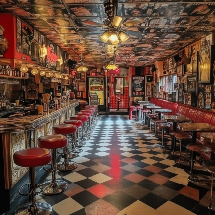 Vintage-style diner with red bar stools, checkered floors, and nostalgic decor on the walls.