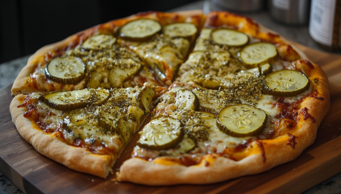 A freshly baked pickle pie pizza with golden crust, melted cheese, and thick dill pickle slices, sprinkled with seasoning.