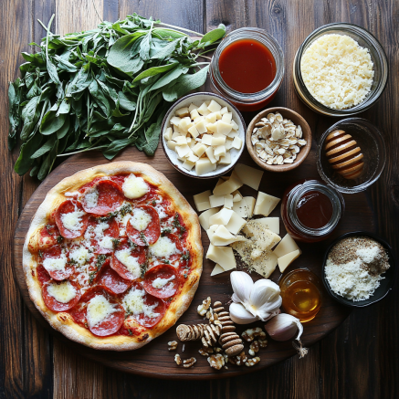 A beautifully arranged wooden board featuring a cooked pepperoni pizza surrounded by fresh herbs, cheese, honey, garlic, nuts, and various ingredients in small bowls.