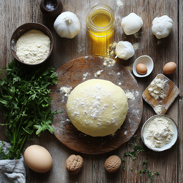 Ingredients for homemade Bubba's Dinner Rolls on a rustic wooden table, including dough, flour, eggs, oil, and herbs.