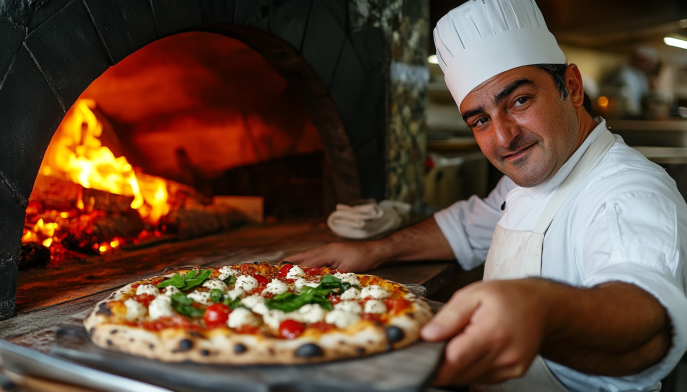 Pizza chef presenting a freshly baked pizza in front of a traditional wood-fired oven