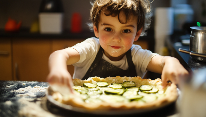 A young child preparing a pickle pie pizza, arranging dill pickle slices on pizza dough in a cozy kitchen setting.