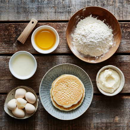 Ingredients for Warburtons crumpets recipe, including flour, eggs, butter, milk, and oil, arranged on a rustic wooden surface.