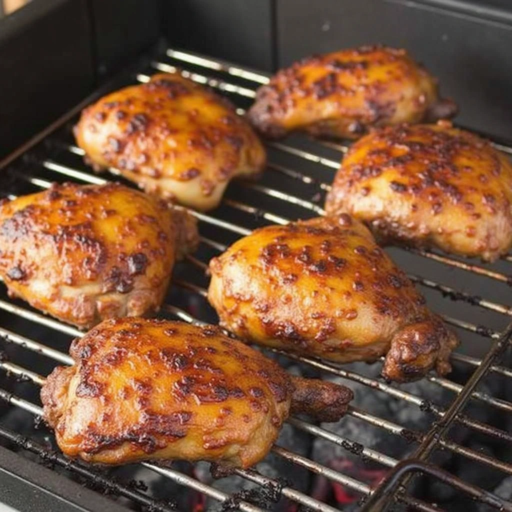 smoked chicken thighs recipe: on a grill with a golden, crispy skin, garnished with fresh herbs.